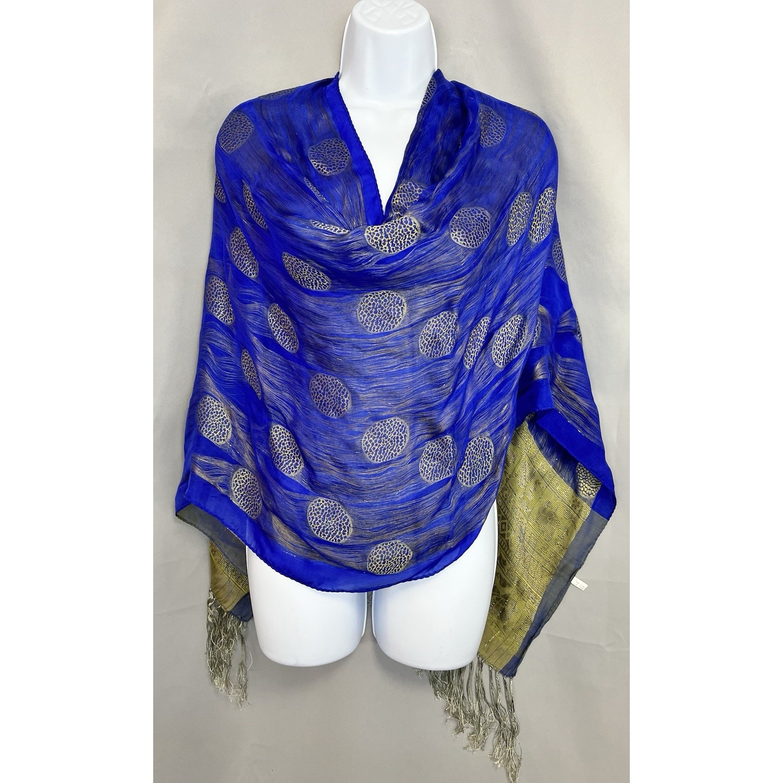 Womens Scarf 100 Silk Blue Gold Wrap 70x23